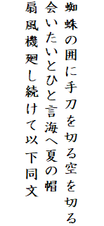 

蜘蛛の囲に手刀を切る空を切る
会いたいとひと言海へ夏の帽
扇風機廻し続けて以下同文
