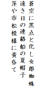 

蒼空に黒点と化し女郎蜘蛛
遠き日の連絡船の夏帽子
萍や市松模様に黄昏て
