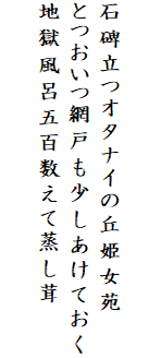 

石碑立つオタナイの丘姫女苑
とつおいつ網戸も少しあけておく
地獄風呂五百数えて蒸し茸
